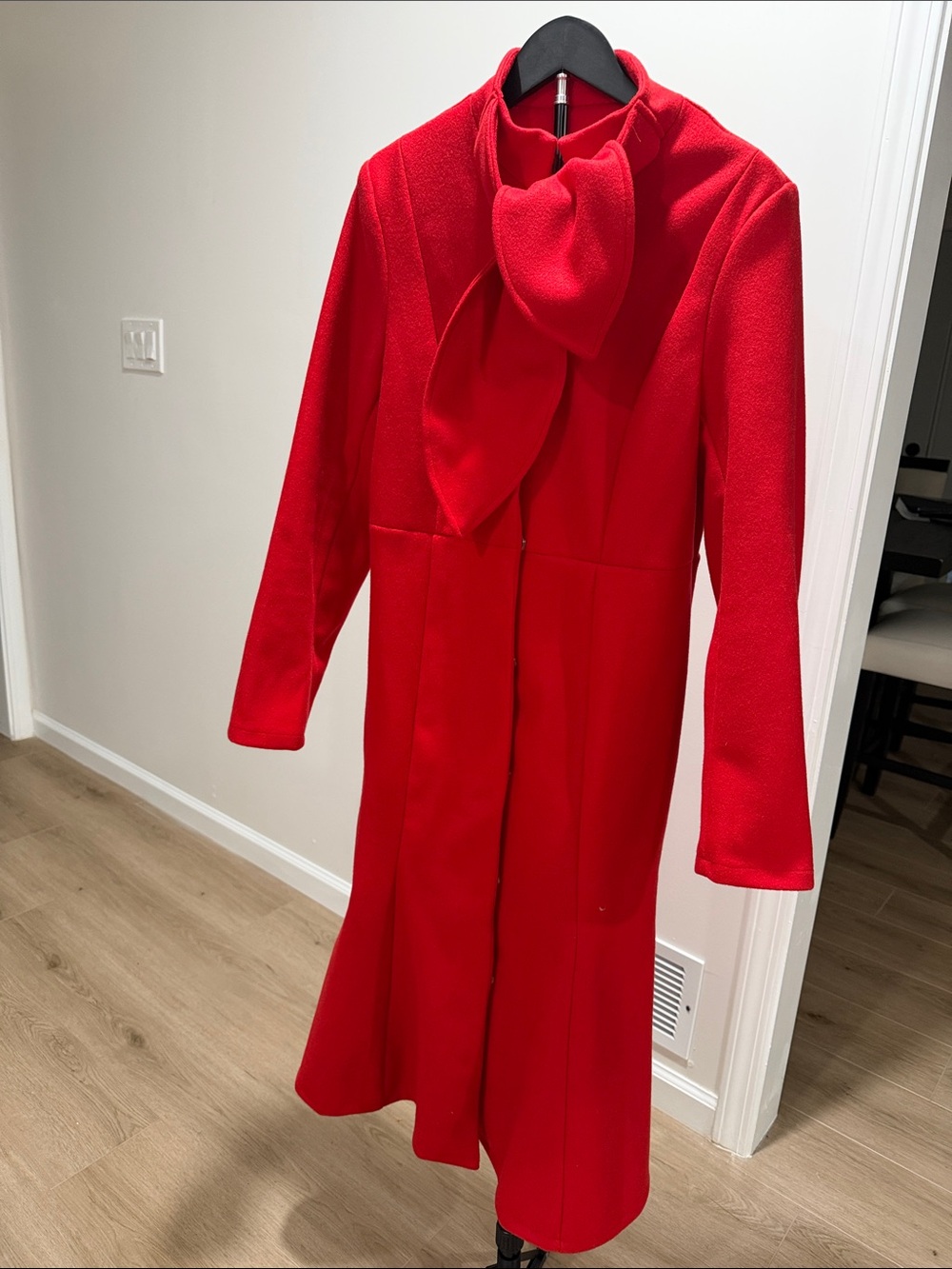 STYLEWE Vibrant Red Long Trench Coat with Bow-Neck